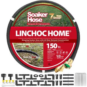 Soaker Hose 150FT 1/2 Inch with Solid Brass Connectors & Garden Stakes Kit, Flexible Leakproof Irrigation System for Garden, Lawn & Landscape