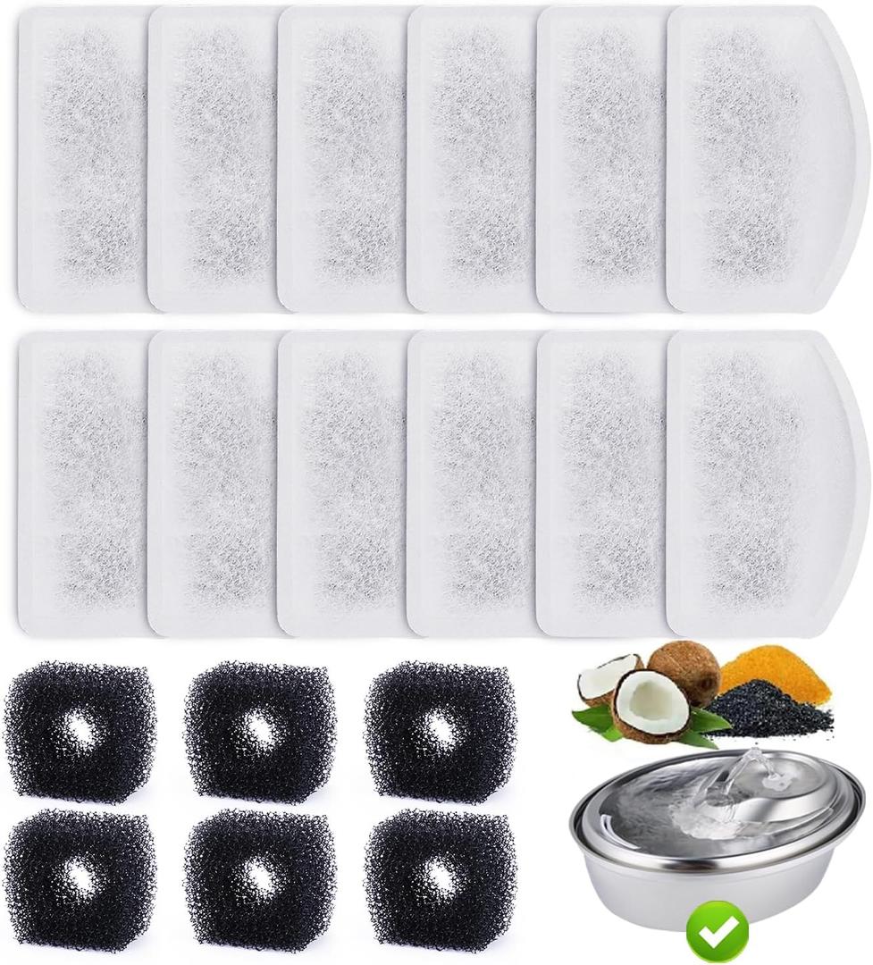 12 Pack Replacement Filters for D60 100oz/3L Automatic Pet Fountain, ZEKIRY Carbon Cat Water Fountain Filters, Triple Filtration Pet Fountain Filter Replacement(6Pcs Pump Filters)