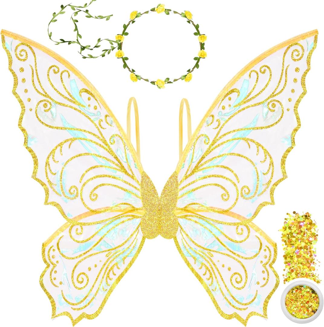 U-Goforst Fairy Wings Adult Women, Fairy Costume for Woman Butterfly Wings for Girls Adult Halloween Costume Cosplay Dress Up (Gold)
