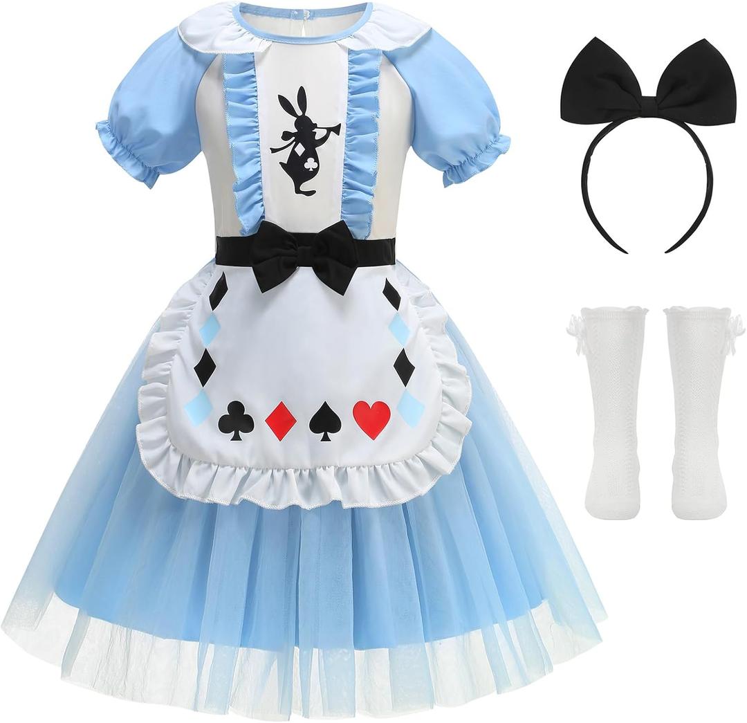 Princess Costume for Girls Halloween Dress with Headband and Stockings (130(5-6T), Blue)