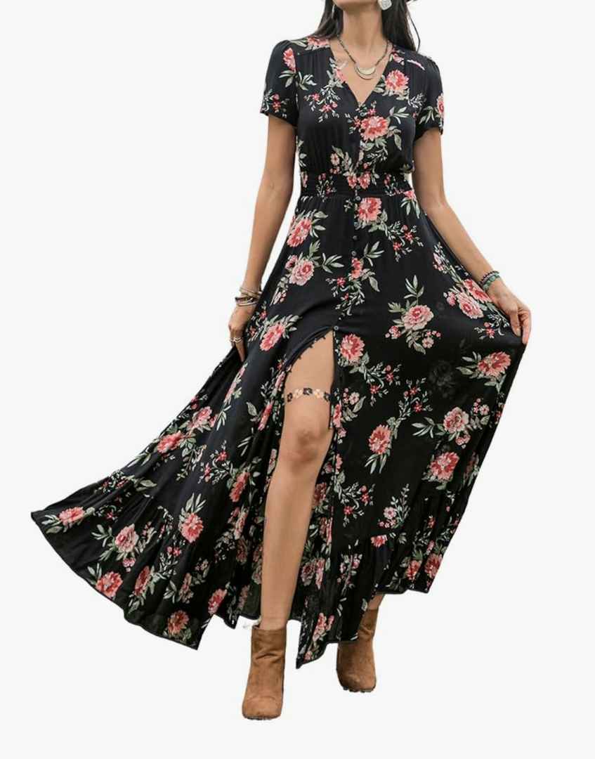 Black Summer Dresses for Women 2025 Floral Design Boho V Neck Short Sleeve Slit Maxi Dress Wear Casual Wedding Party XL
