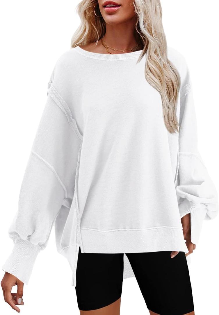 Bornpom Oversized Sweatshirt Crewneck Sweatshirts Long Sleeve Shirts Slit Pullover Top Solid Color Preppy Clothes (White, M)