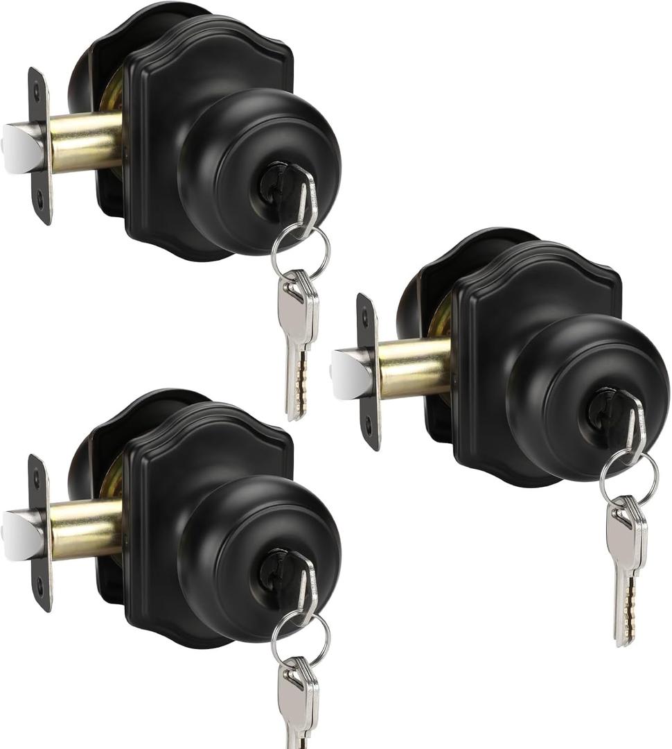 goldenwarm Keyed-Alike Exterior Door Knob with Lock and Key, Matte Black Front Door Knob, Secure Outdoor Door knobs Entry Door 3 Pack