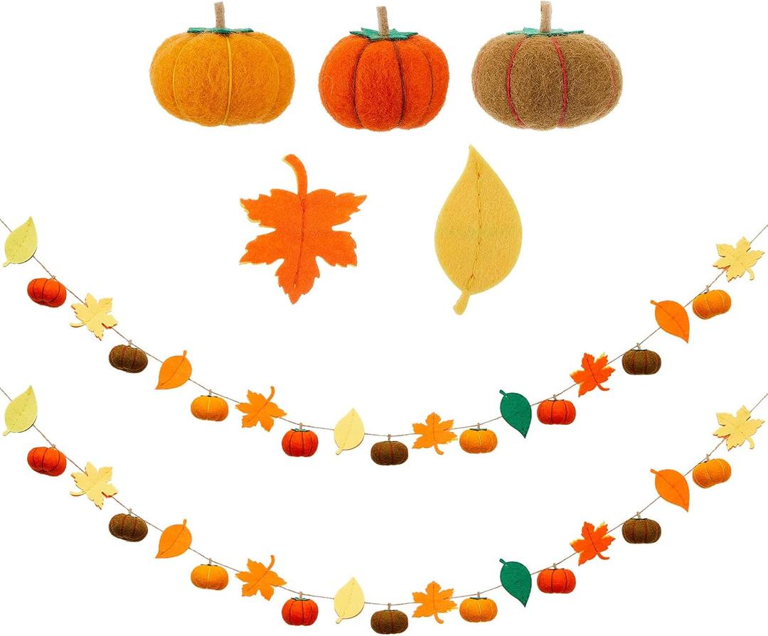 Jecery 2 Pcs Thanksgiving Garland Fall Pumpkin Felt Garland 78 Inches Fall Maple Leaves Pom Pom Felt Banner Autumn Harvest Halloween Thanksgiving Party Decorations for Mantel Fireplace Farmhouse