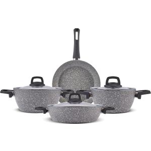 Karaca Gris BioGranite 7 Piece Granite Cookware Pot and Pan Set, Non-Stick Coating, Dishwasher-Safe & Induction Pot Set, Granite Pots and Pans, 3 Pots with 3 Glass Lids and 1 Frying Pan (7 Pieces, Gray)