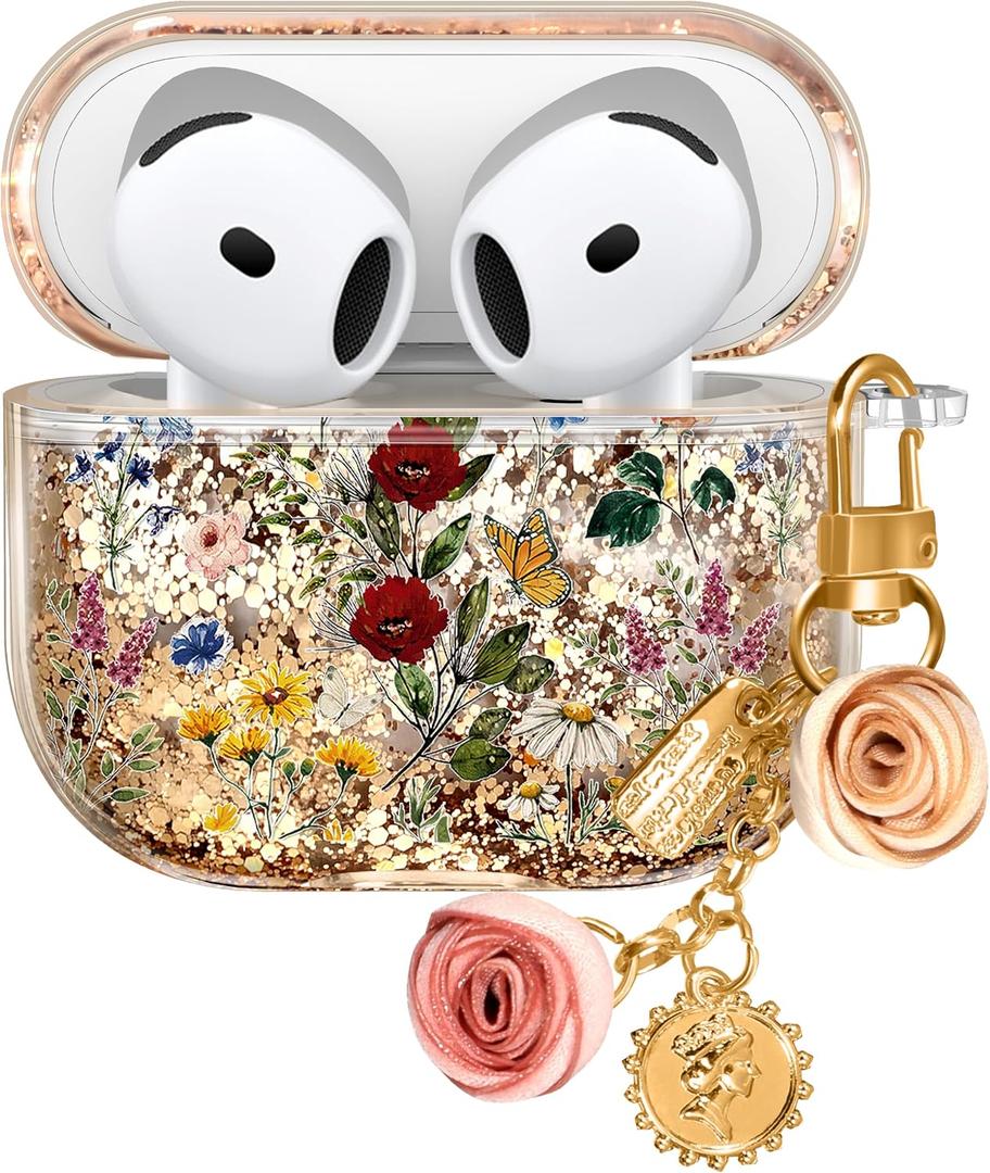for Apple for Airpods 4 Case 2024 - Quicksand Liquid Elegant Aesthetic Mujer Girl Women Sparkling Sparkle Glitter Bling Sparkly Vintage Retro Floral Keychain Girly for Airpod 4 Case Cover