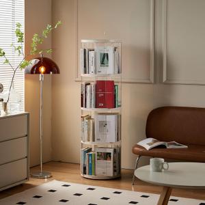 RRRICO Rotating Bookshelf,Cylindrical Revolving Bookcase,360 Book Organizer, Clear Acrylic Corner Book Shelf Standing Bookcase (4 Tier)