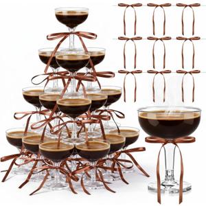 Zopeal 50 Set Disposable Plastic Coupe Glasses With Satin Ribbon Bow 5 oz Acrylic Champagne Tower Cocktail Unbreakable Plastic Martini Margarita Glasses for Birthday Wedding Party Bar (Coffee)