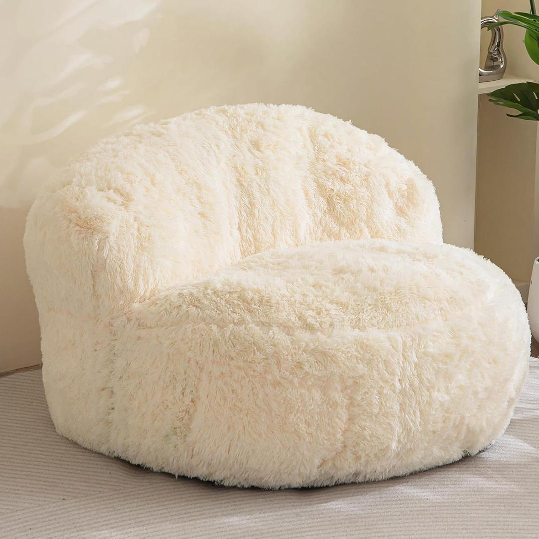 BYBYME Giant Bean Bag Chair, Faux Fur Bean Bag Couch with Filler Large Living Room Bean Bag Chairs for Adults, Big Lazy Sofa Accent Chair with Pocket Floor Chair (Beige)