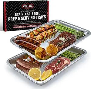AVIEUS Grill Prep and Serving Trays | Set of 2 Stackable Stainless Steel Trays | Trays for Marinating, Serving & Chopping | Serving Platter for Plating Food & BBQ Prep Tub | Grilling Accessories