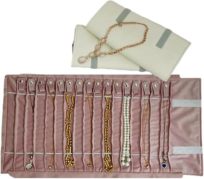 Travel Necklace Organizer, Tangle Free Jewelry Case, 16 Slots
Foldable,LightWeight Compact, Velvet Lining Jewelry Storage Bag for Chain Bracelet, Gift for Women Girls,Gray PU and Pink