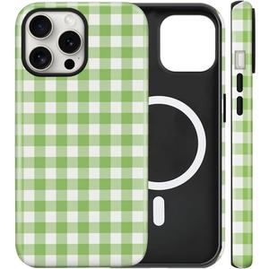 Magnetic for iPhone 13 Pro Max Cute Checkered Stripes Phone Case, Green