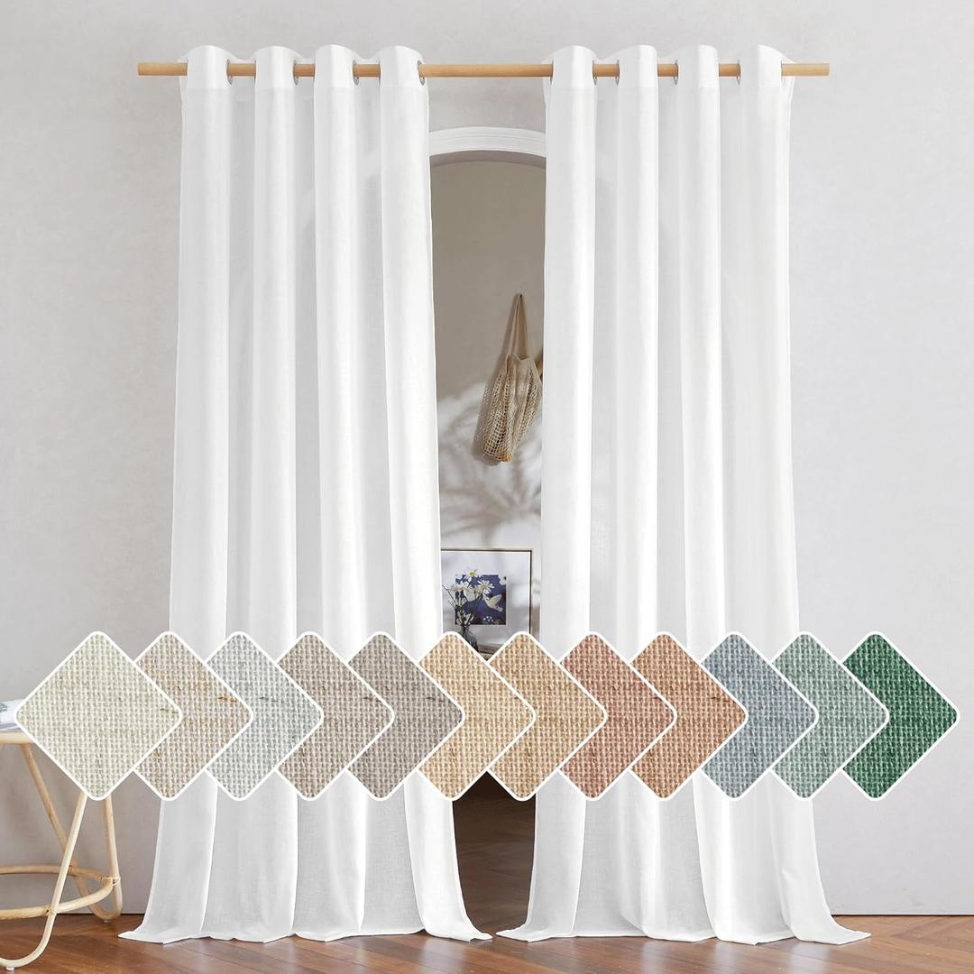 NICETOWN Linen White Curtains 84 inch Length 2 Panels Set, Grommet Thick Flax Linen Blend Window Treatment Privacy Assured with Light Filtering for Bedroom/Living Room, W55 x L84