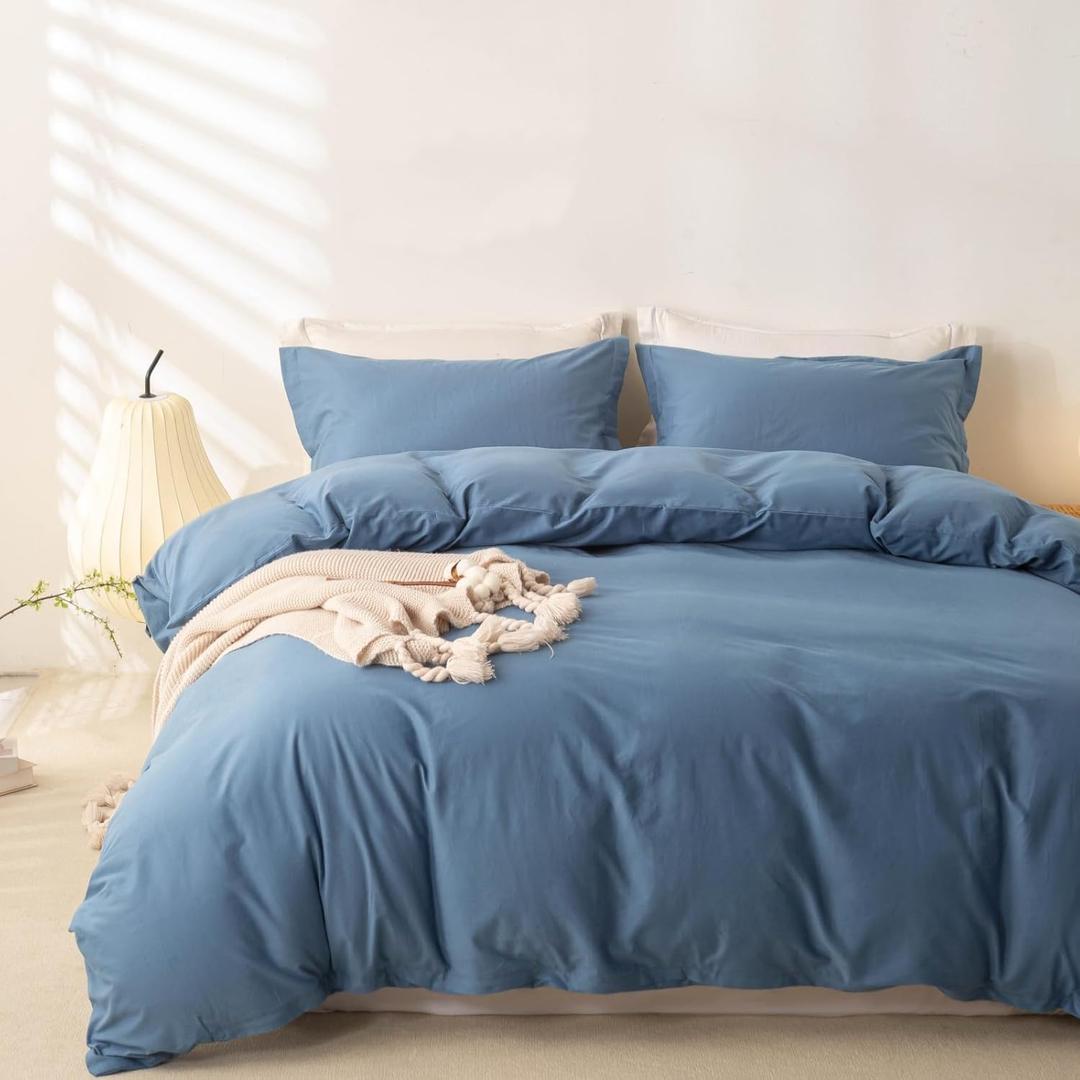 OAITE 100% Washed Cotton Duvet Cover Queen Size Soft Breathable Durable Bedding with Zipper Closure & 8Corner Ties- 3 Pieces Plain Simple Duvet Cover Set,2 Pillow Shams,1 Duvet Cover(90"x90") (Sky Blue)