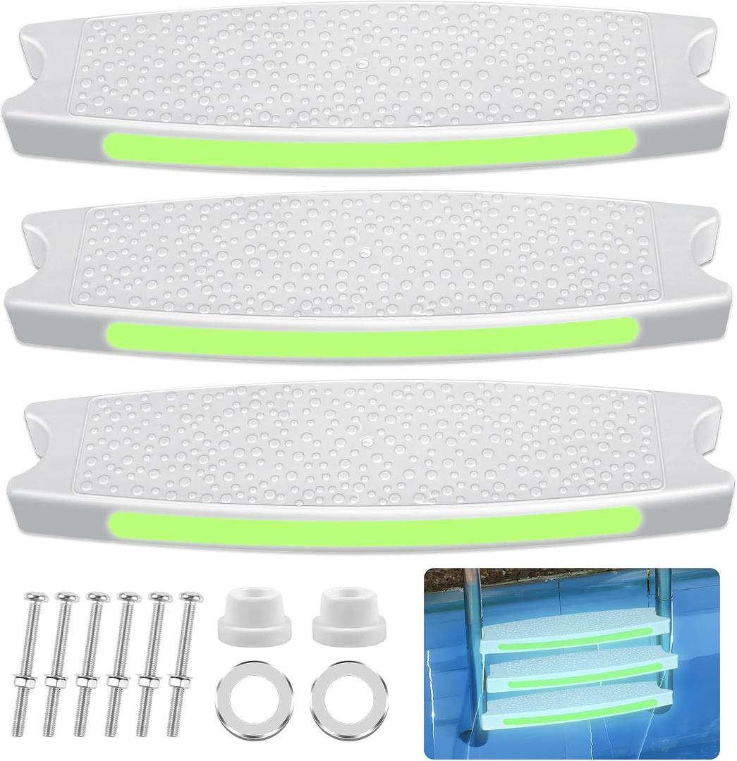 3 Pack Replacement Swimming Pool Ladder Steps for Inground Pools,18'' Heavy-Duty Plastic Molded White Ladder Rung with 1.9'' Rubber Bumper Cap and Stainless Steel Escutcheon Plates