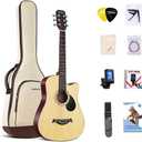 38 in Guitar Acoustic Guitar Beginner kit Adult Cutaway Acoustic Guitar Guitarras Starter Set Bundle with Padded Gig Bag, Strap, Capo, Strings, Picks (natural)