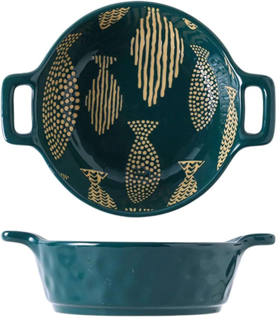 Ceramic Ramen Bowl With Handle, Deep Soup Bowl Set Of 2, Soup Cup Microwave And Oven Safe(21x16x6cm)-Green-Fish