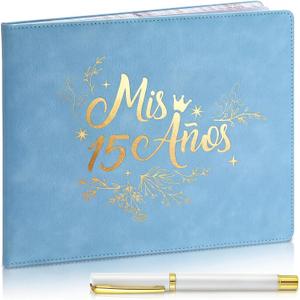 MotiMind Quinceanera Guest Book with Pen 11 x 8 Inch Libro De Firmas Para 15 Anos Quinceanera Leather Hardcover Signature Book Guest Sign in for 15th Party Favors Decoration(Blue,Fresh)