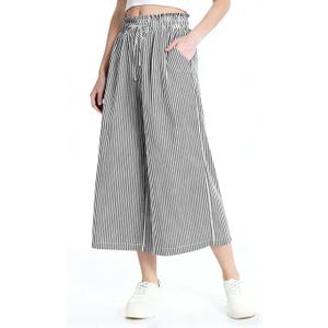 Rapbin Wide Leg Capri Pants for Women Gingham Striped Culottes Flowy Elastic Waist Cropped Palazzo Pants with Pockets (Large, Black Stripes)