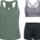 Tempt Me 3 Piece Tankini Swimsuits for Women Athletic Bathing Suits Swim Tank Top with Boy Shorts and Bra Modest Swimwear (Army Green & Stripe) M