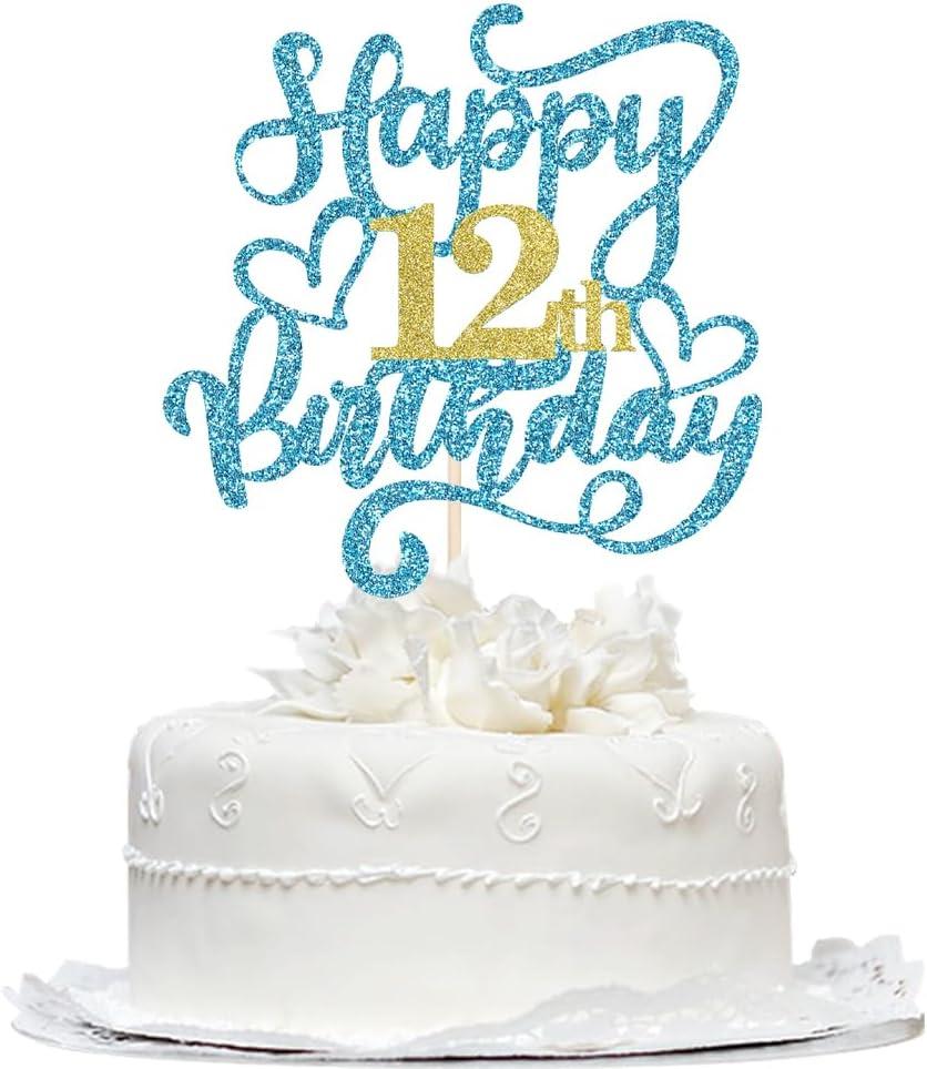 2 x 1 PCS Happy 12th Birthday Cake Topper, Blue Glitter Cheers to 12 Years Birthday Cake Pick 12th Fabulous Cake Decoration for 12th Birthday/Anniversary Party Cake Decorations Supplies