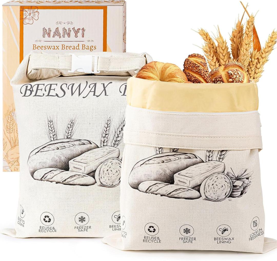 2-Pack Reusable Beeswax Bread Bags for Sourdough & Homemade BreadCotton Waxed Bags Keeps Fresh Longer(Ivory Loaf)