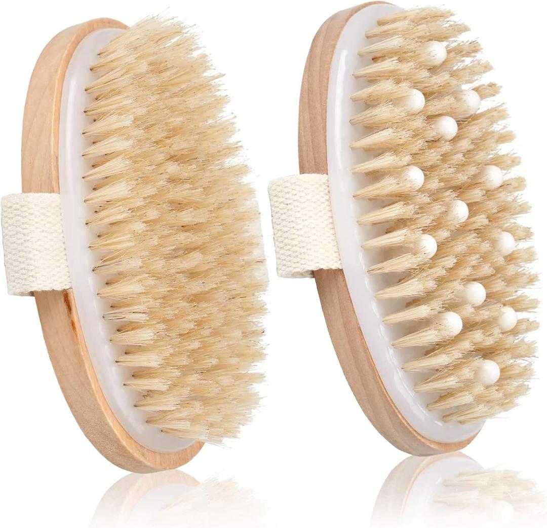 2 Pack Dry Brushing Body Brush, Natural Bristle Exfoliating Brush with Massage Nodes, for Lymphatic Drainage and Improving Skin Health and Reduces Acne