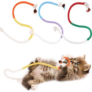 3pcs Cat Rope Chew Toys, 27.56x0.39in Cotton Rope Kitten Toys Interactive Cat String Toy Used for Dental Care Relaxing Teeth Cleaning for Indoors Cat Pets Supplies(Blue, Red, Orange)