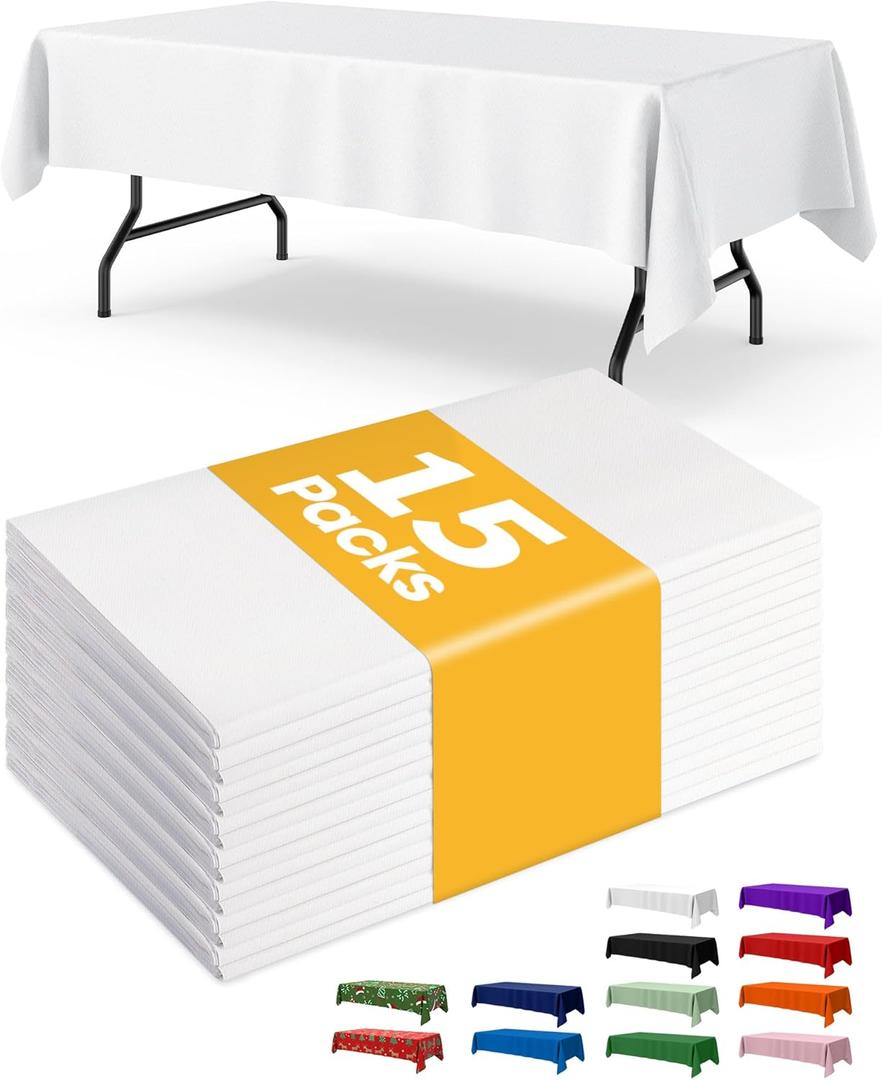White Plastic Table Cloth Rectangle Table 15 Pack, 54''108'' Tablecloth for 6ft Tables, Table Cloth for Disposable Use, Table Cover for Holiday Party, Gathering