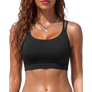 Women Sports Bra Bikini Top - Scoop Neck Criss Cross Back Swim Top Spaghetti Straps Bathing Suit Top Only 2025 (Black, L)