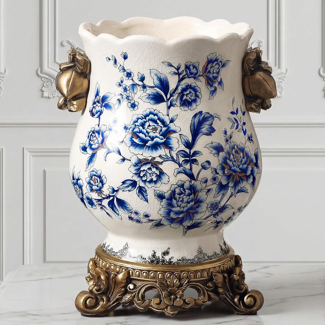 Vintage Blue and White Ceramic Vase with Gold Pedestal, Chinoiserie Floral Urn for Home Decor, 8.3" Antique French Country Centerpiece for Table, Mantel, and Fresh Flowers
