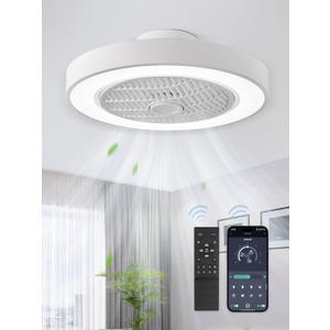 LEDIARY 20 Inch Low Profile Ceiling Fan With Light, Led Bladeless Ceiling Fans, Remote Control Enclosed Flush Mount Ceiling Fan With Timming, 3000-6000K, 6 Wind Speed, 3000LM, 57W-White