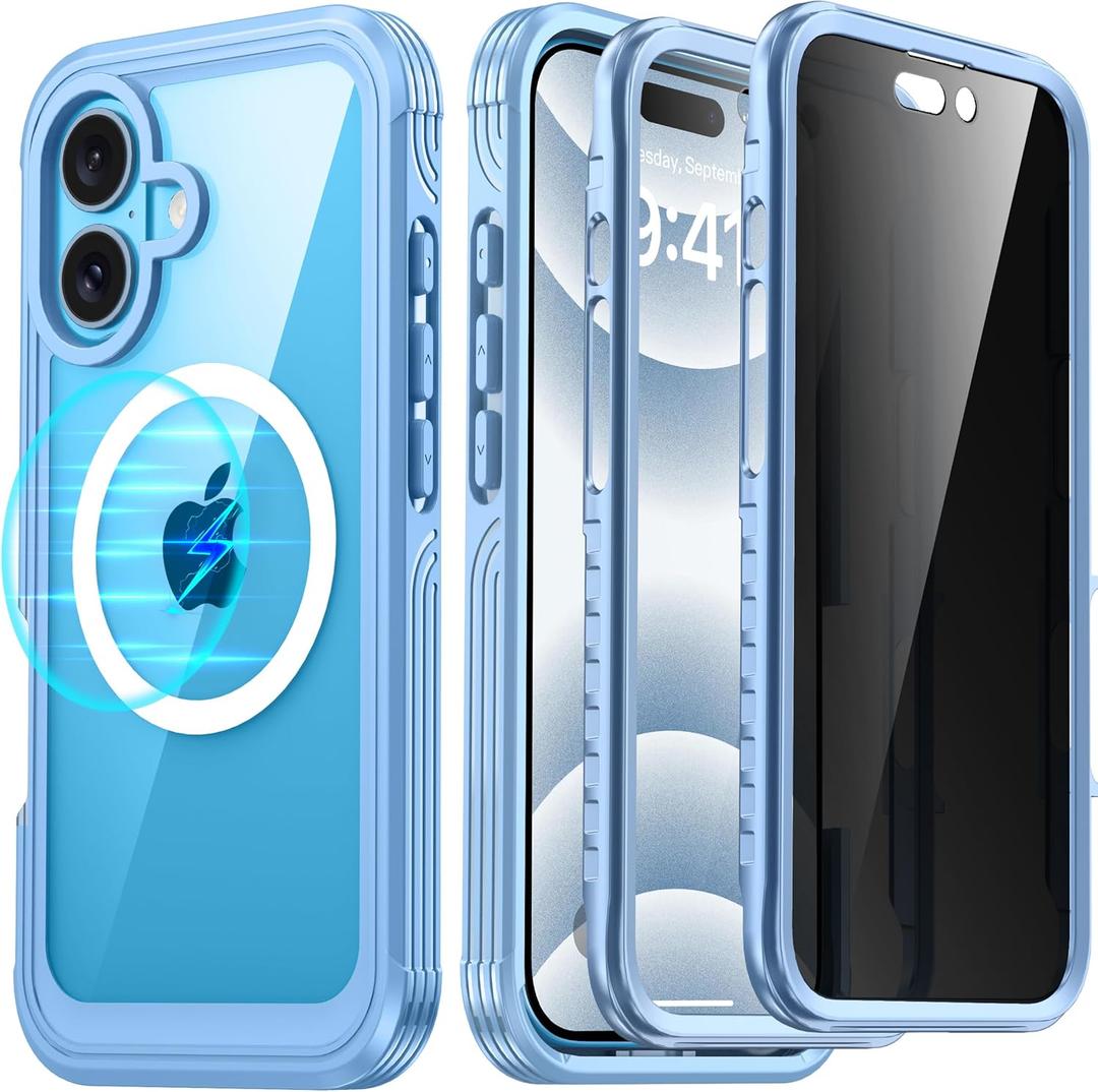 for iPhone 16 Case, Double Front Frame Built-in 9H Tempered Glass Screen Protector + Privacy Screen Protector, Compatible with MagSafe, Magnetic Phone Case for iPhone 16 Blue