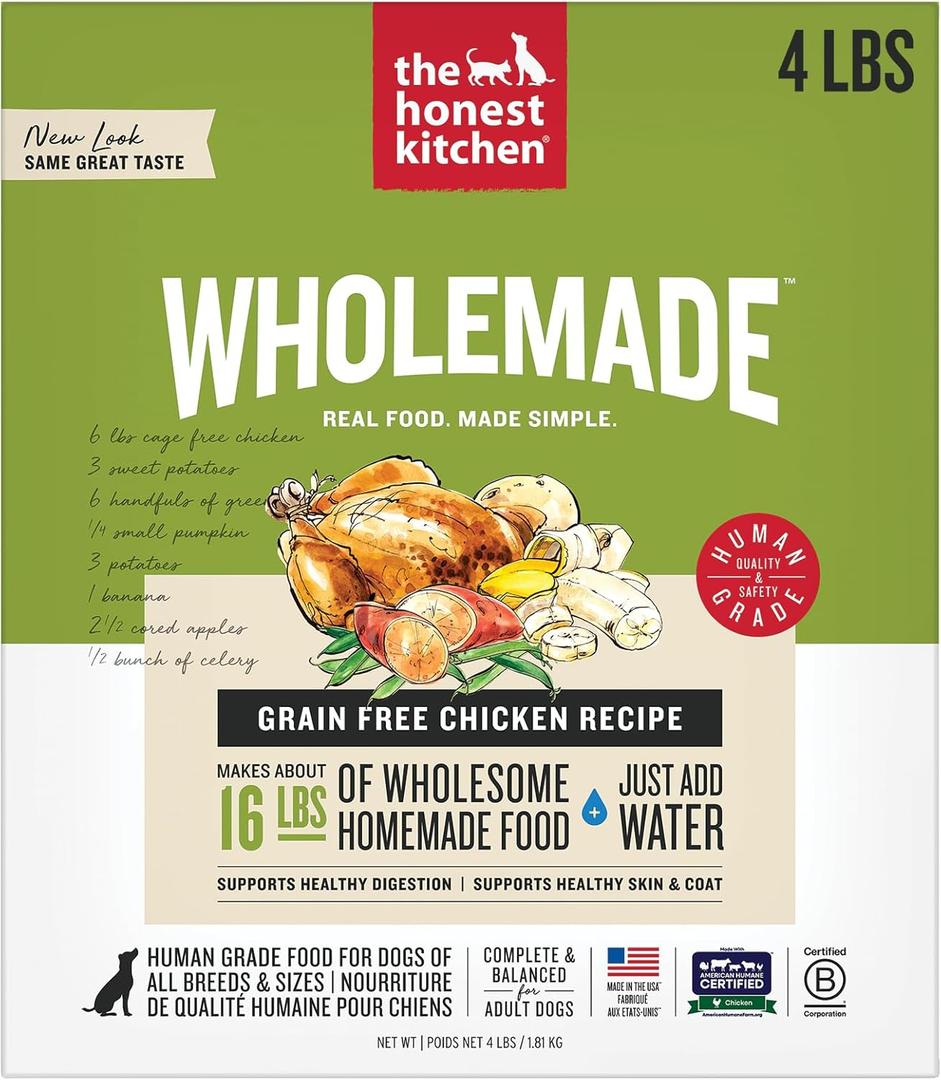 The Honest Kitchen Human Grade Wholemade Dehydrated Dog Food, Grain Free Chicken Dog Food, 4lb (makes 16lbs) (EXP 07/08/26)