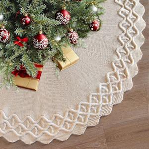 KHOYIME White Knitted Christmas Tree Skirt 48 Inches Rustic Vintage Large Xmas Tree Mat, Chunky Thick Knit Boho Under Tree Rug Skirt Farmhouse Decorations for Indoor Holiday New Year Home Party Decor
