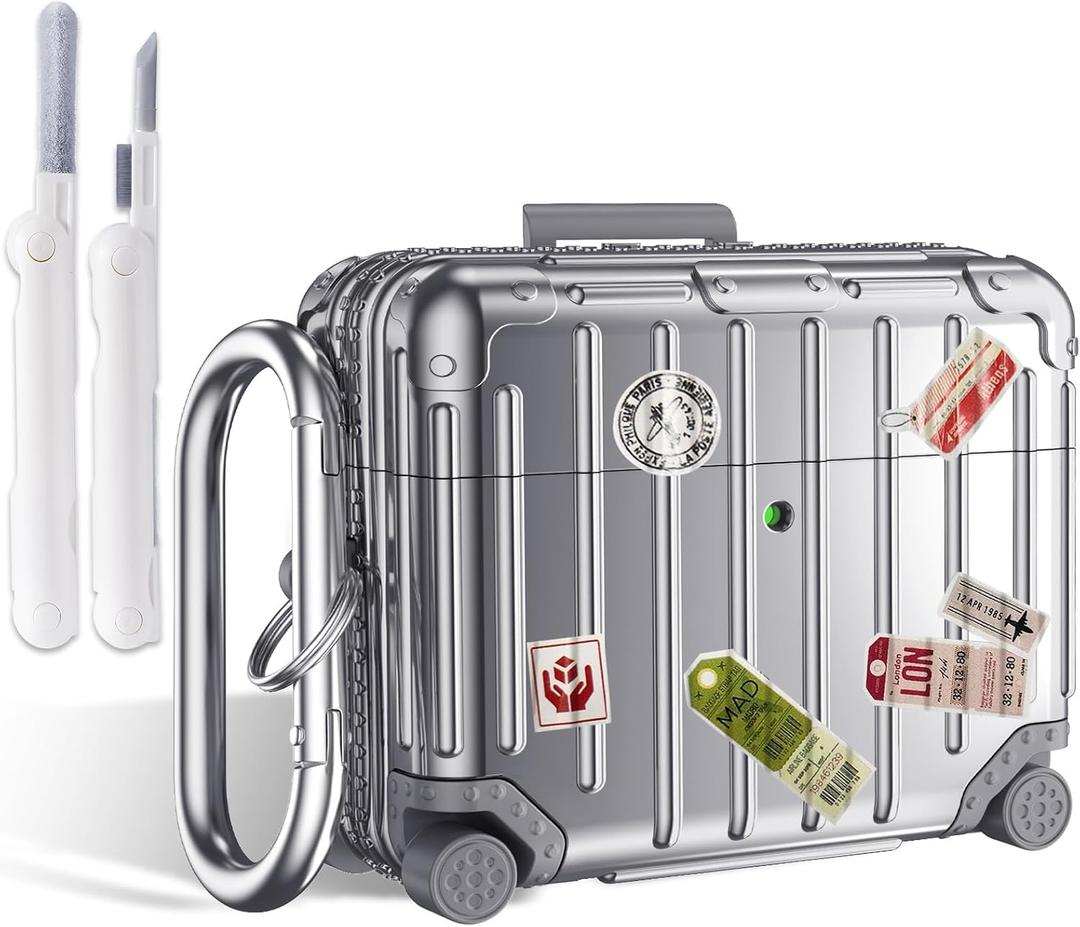 KOREDA Compatible with AirPods Pro 3 Case Cover, Cute Funny Suitcase Design Case for AirPods Pro 3rd Generation, Fashion Protective Hard Case for Women Men with Keychain and Cleaner Kit (Silver)