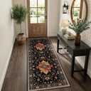 RELEANY Area Rugs 2'x6' Runner Rug Non Slip Washable for Kitchen Hallway Bedroom Beside Laundry Room Bathroom Rug, Floor Carpet, Black Colorful Floral Dark Tan