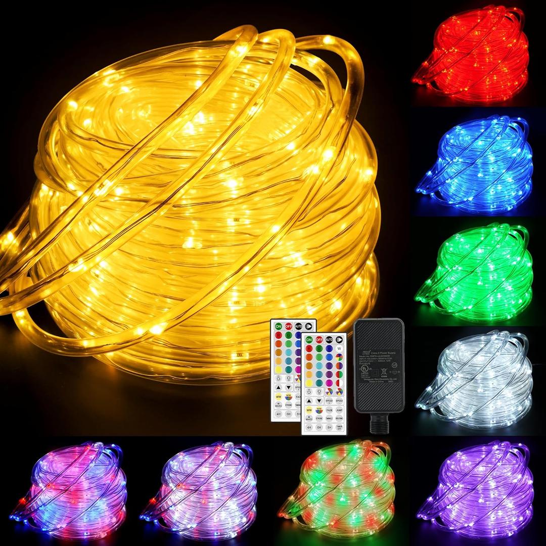 66ft 200LED Rope Light Outdoor String Lights, 24 Colors+Warm White Outdoor LED Lights Plug in, RGB Color Changing Fairy Light with Remote Rope Lighting for Camping Garden Patio Dcor