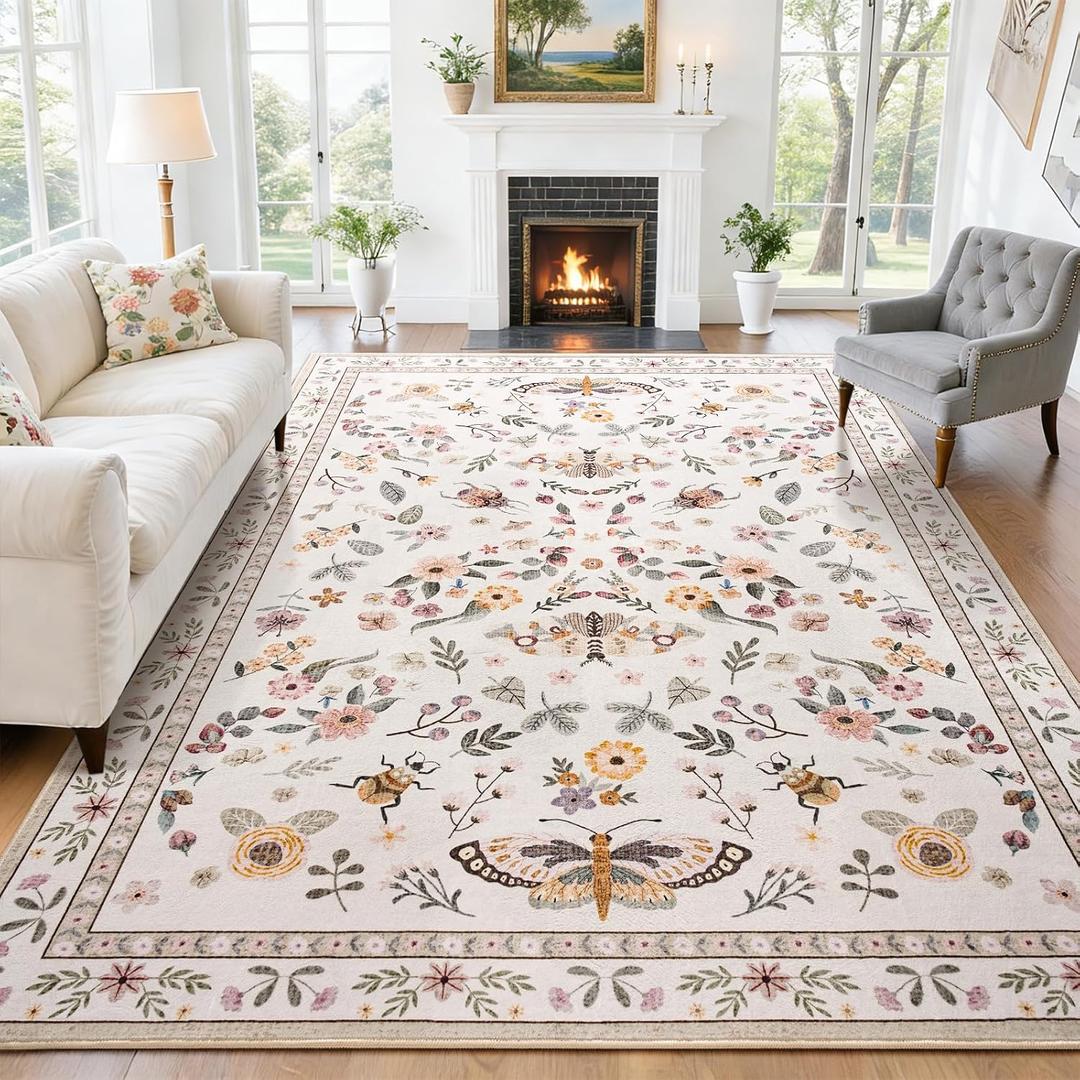 Rug for Living Room 8x10, Soft Washable Area Rugs for Bedroom, Floral Butterfly Low Pile Modern Insect Carpet Non Slip Thin Large Throw Carpets for Dining Room Kitchen Home Office, Beige