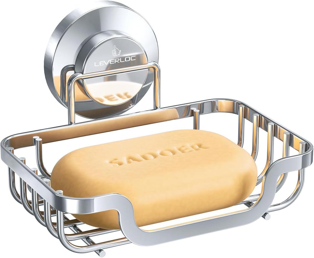 LEVERLOC Soap Dish, Soap Bar Holder for Shower Suction Cup Wall Mounted, Stainless Steel No-Drilling Removable Waterproof Sponge Holder for Bathroom Bathtub Kitchen Sink, Keep Dry, Silver (5.7" * 4.8")