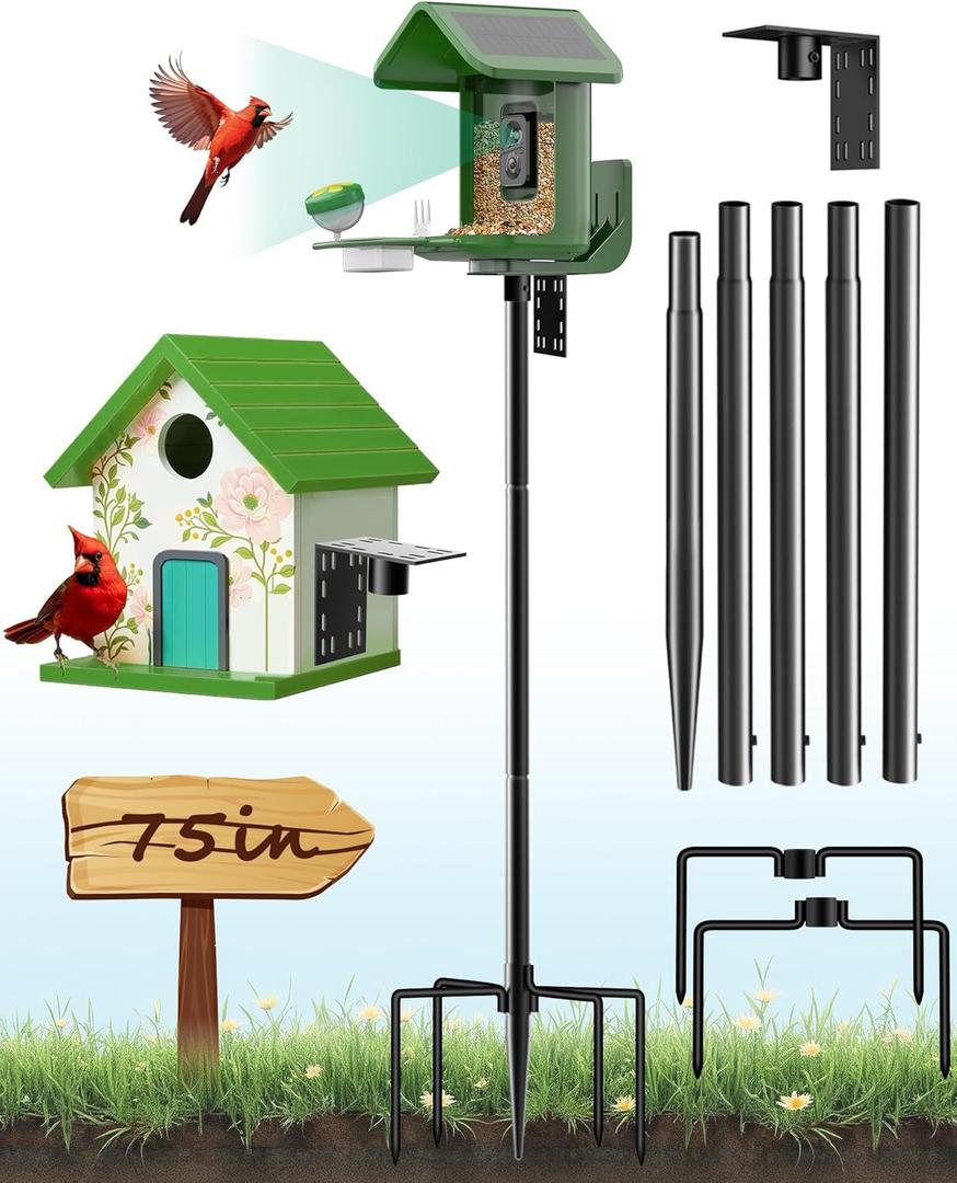 Bird Feeder Pole  75 Inch Height Bird House Pole with 1-Inch Dia Heavy Duty for Birdfeeders, Feeding Stand with Mount Kit for Outdoor, Slip-Fit Connection, Black