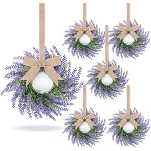 6 Pcs Lavender Candle Ring Pillar Wreaths Mini Purple Wreath Table Centerpieces 9 Inch Wreath for Cabinets Artificial Farmhouse Lavender Wreaths for Front Door Porch Wall Window