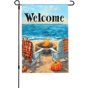 Beach Pumpkin Garden Flag 12x18 Inch Double Sided Outdoor Flag Decorations Burlap Yard Flag For Holiday Outside Home