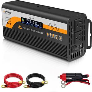 500W Pure Sine Wave Inverter, 12V/24V Auto-Detect, 50Hz/60Hz Switchable, LCD Display, Type-C Fast Charging, Silent Design, Overload & Overheat Protection for RV, Home