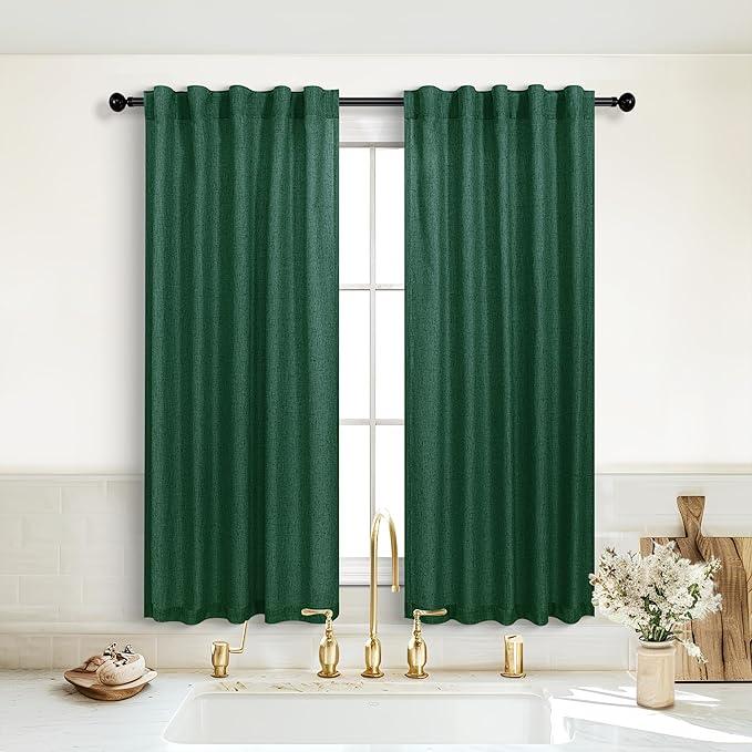 KOUFALL Short Green Curtains for Kitchen Bathroom Window,Sheer Linen Decorative Curtains for Bedroom, 36"W x 45"L (Pack of 2)