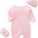 Baby Romper with Baby Mittens & Newborn Hats Footless Long Sleeve Solid Onesie Hi Im New Here (Pink)