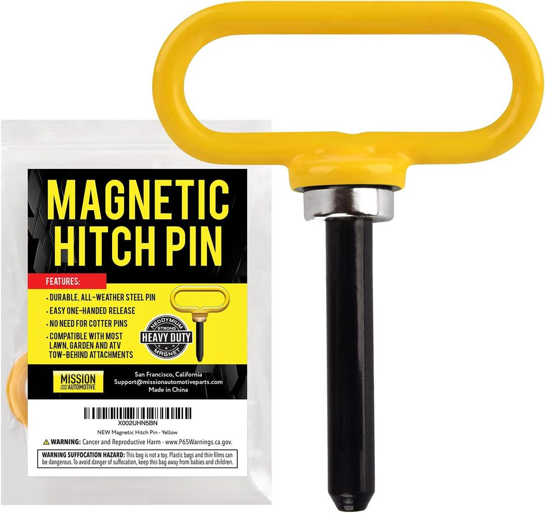 Mission Automotive Lawn Mower Hitch Pin - Yellow, Neodymium - Magnetic Hitch Pin with Neodymium Magnet for One-Handed Release & Secure Attachment to Tow-Behind Spreaders & Sweepers