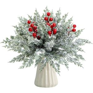 45 Pcs Artificial Christmas Snow Pine Branches with Red Berry Stems, Snowy Faux Greenery Norfolk Pine Cypress Leaves Stems, Berries White Frosted Fake Foliage Pines Needle Picks for Garland Home Decor