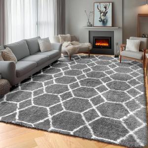 ONASAR Area Rugs for Bedroom Living Room, 4x6 Fluffy Grey and White Floor Rug, Shaggy Geometric Soft Plush Fuzzy Carpet for Nursery Teen Playroom Dorm Office Home Decor Aesthetic