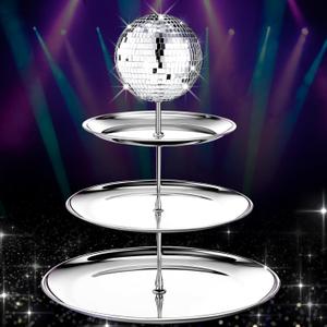 Layhit Disco Cupcake Stand 3 Tier Silver Glitter Metal Cake Holder Reusable Disco Table Decorations for Party Birthday Bachelorette Disco Ball Platterdessert Centerpiece Supply